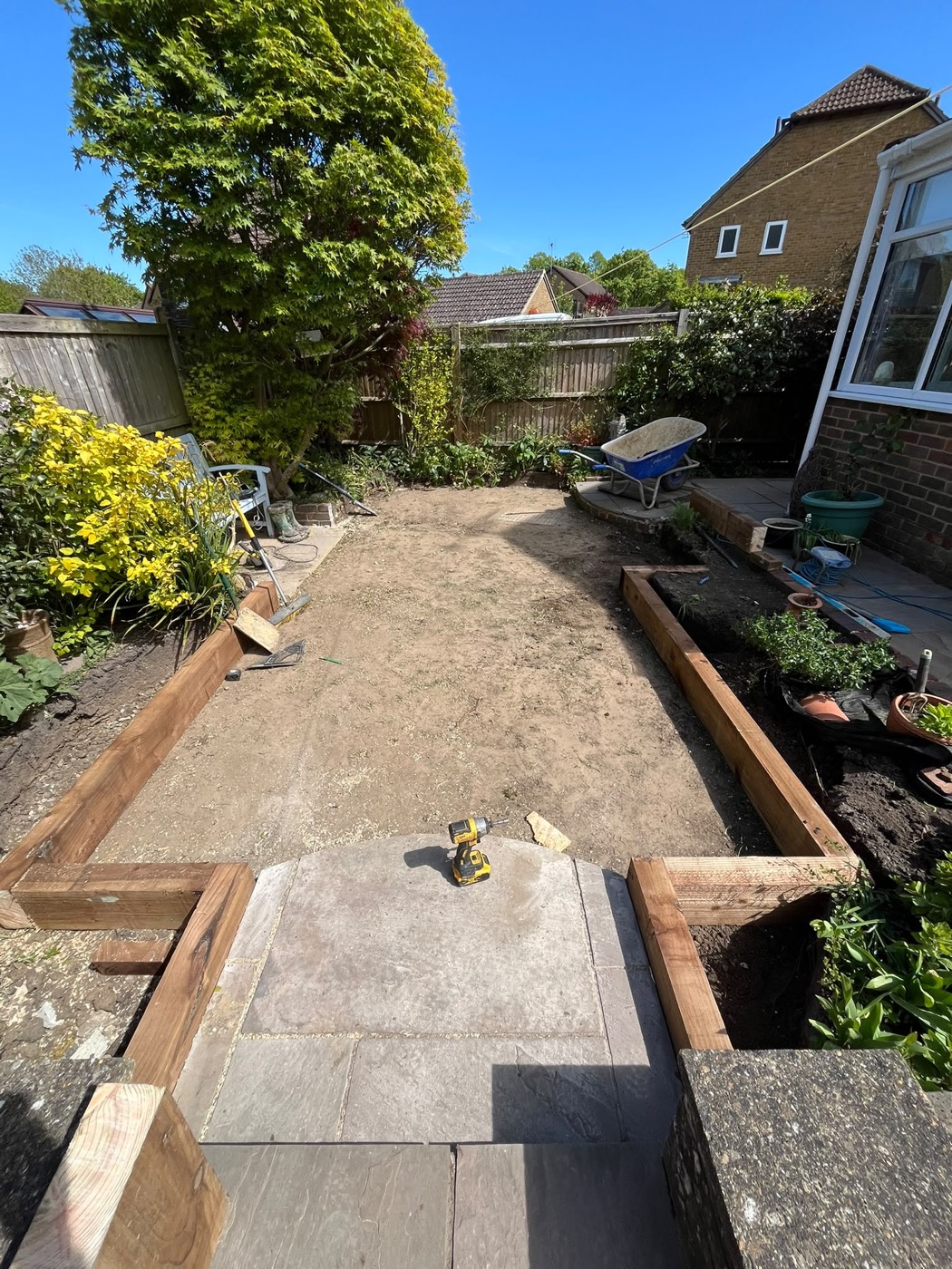 Levels, raised sleeper beds and paths being built